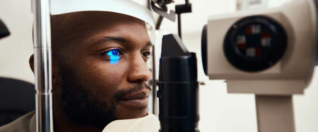 A truck driver having an eye exam